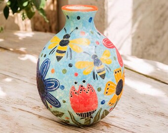 HARE MOON VASE - Handmade Pottery - Hand Painted Hares Vase