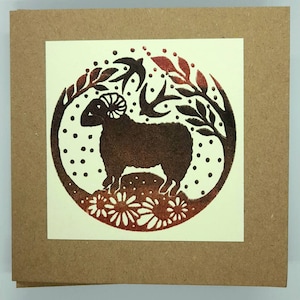 CARTE IMPRIMÉE À LA MAIN - Carte Kraft 100% recyclée - Carte imprimée originale en bloc - Carte moutons - Handmade In Wales - Blank Art Card - Ram Card