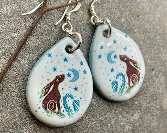 HARE EARRINGS - Hare Ceramic Earrings - Handmade Hare Jewellery - Handmade In Wales - Handmade Clay Earrings - Moon Gazing Hare Earrings