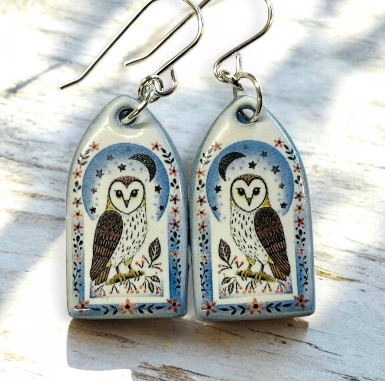 Handmade Ceramic Owl Earrings: Sterling Silver, Earthenware Jewelry