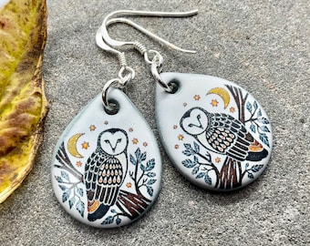 BARN OWL EARRINGS Handmade Owl Earrings Owl and Sterling Silver