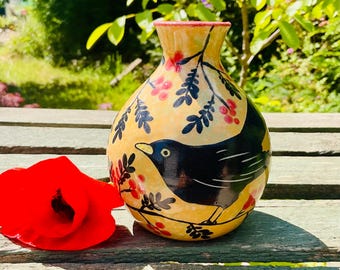 鳥と花の花瓶 - 手作り陶器の花瓶 - 民芸陶器の花瓶 - カラフル