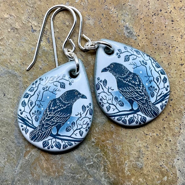 RAVEN EARRINGS - Handmade Ceramic Raven Earrings - The Raven and the Moon - Raven Jewellery - Sterling Silver - Handmade in Wales