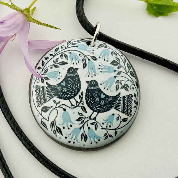 BIRDS AND FLOWERS Pendant - Birds and Flowers Necklace - Enchanted Birds Jewellery - Handmade In Wales - Art Jewellery