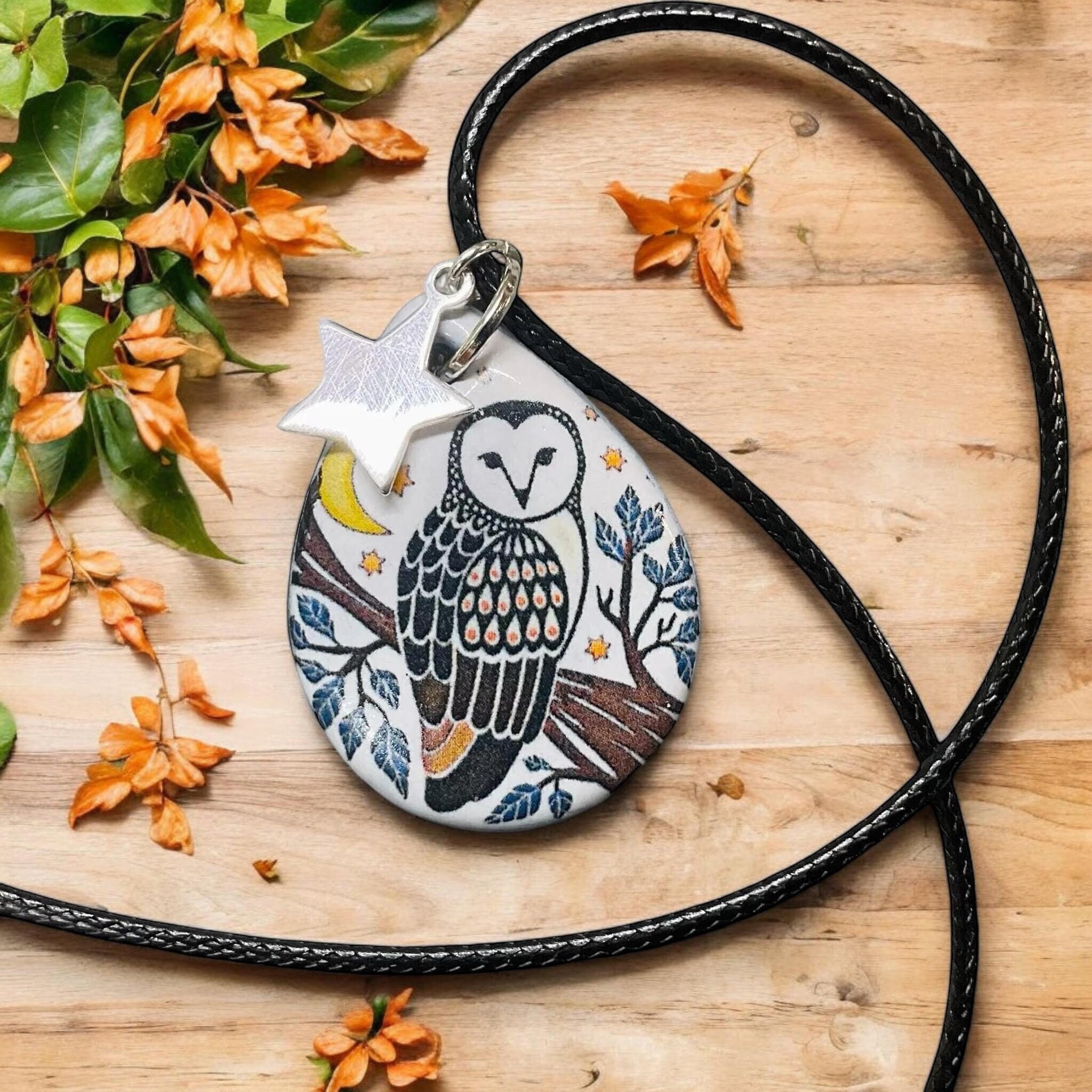Handmade Ceramic Owl Necklace: Sterling Silver Star Charm, Wildlife Pendant