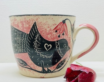 BIRD & FLOWERS Mug - Handmade Pottery Mug - Hand Painted Bird Mug - Handmade In Wales - Stoneware Mug - Red Flowers Bird Mug