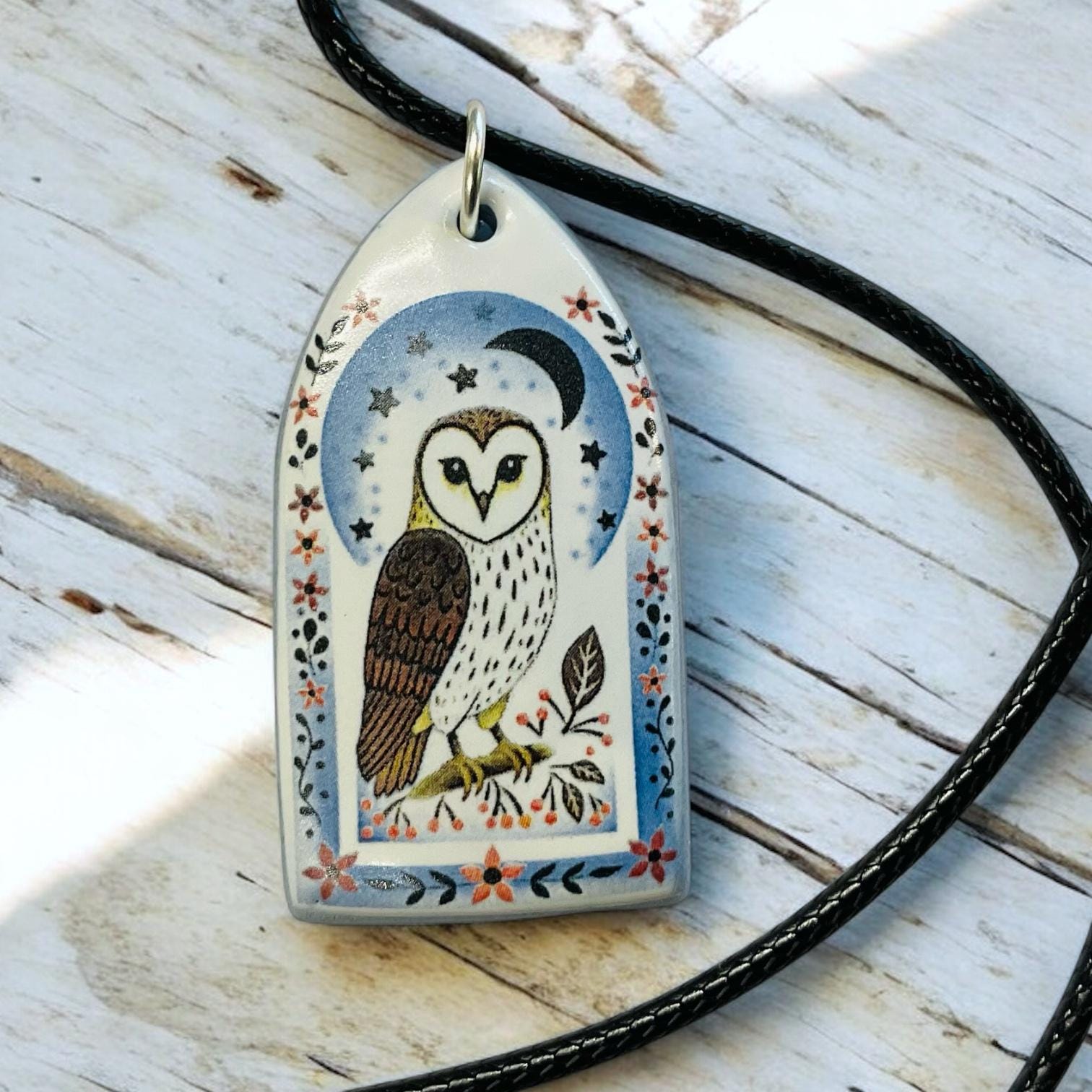 Handmade Ceramic Owl Pendant: Starlit Sentinel, Blue Clay Necklace