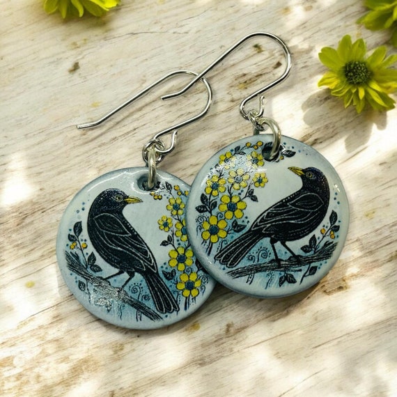 Blackbird Earrings: Linocut Style Ceramic & Sterling Silver - Handmade Wales