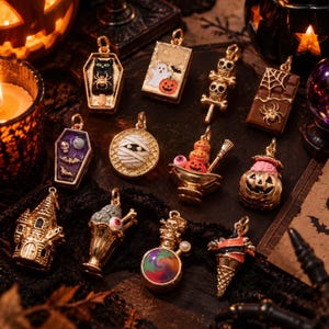 May include: A collection of gold-toned metal charms featuring Halloween themes, including a coffin with a cat, a ghost, skulls, a spider web, a mummy, pumpkins, a haunted house, a potion bottle with swirling colours, and a striped ice cream cone.