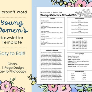 Young Womens Editable Newsletter Template - Microsoft Word - LDS - Download - Printable