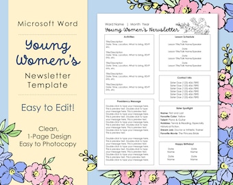 Young Womens Editable Newsletter Template - Microsoft Word - LDS - Download - Printable