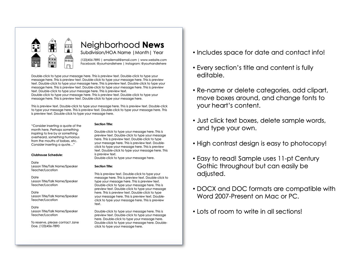 Editable HOA Newsletter Template for Microsoft Word Instant Download