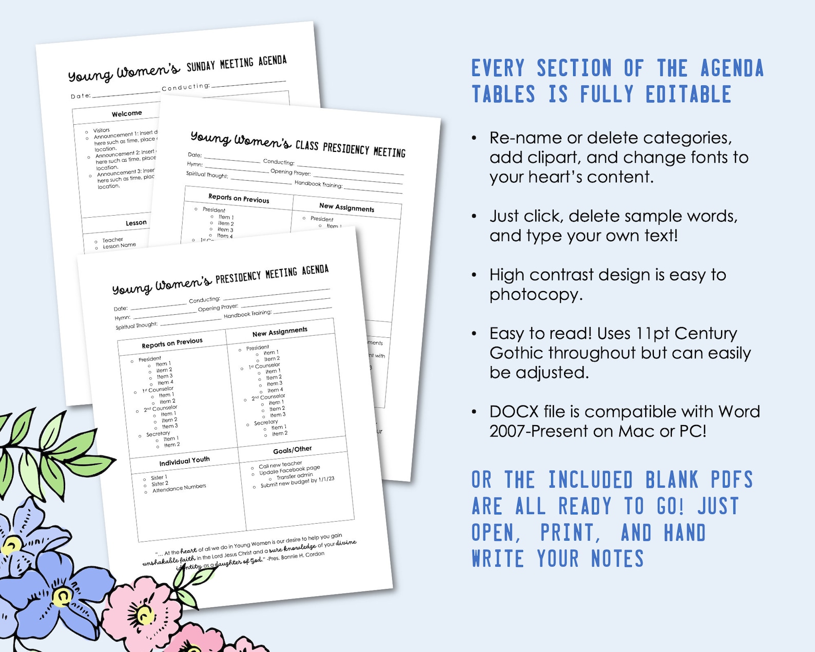 Editable Young Womens Agendas for Sunday and Presidency Meetings LDS YW