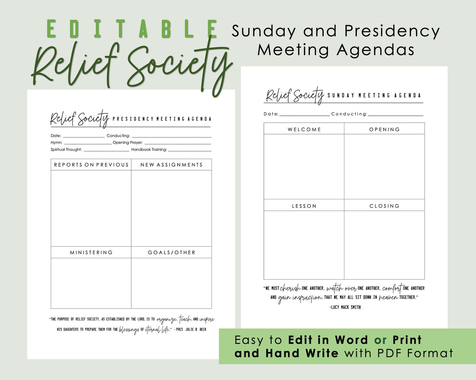 Editable Relief Society Agendas for Sunday and Presidency Meetings LDS