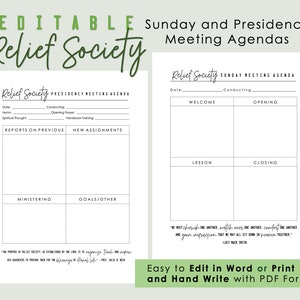 Editable Relief Society Agendas for Sunday and Presidency Meetings - LDS