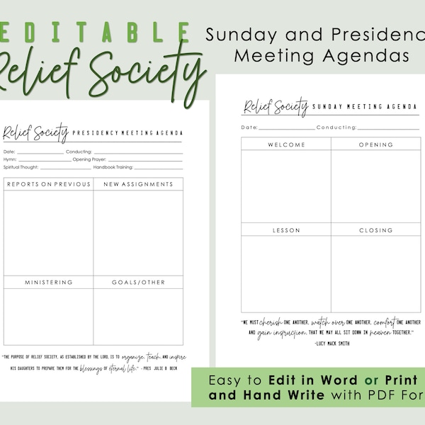 Editable Relief Society Agendas for Sunday and Presidency Meetings - LDS
