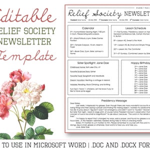 Relief Society Newsletter Template for Microsoft Word - EDITABLE - LDS Download - Printable