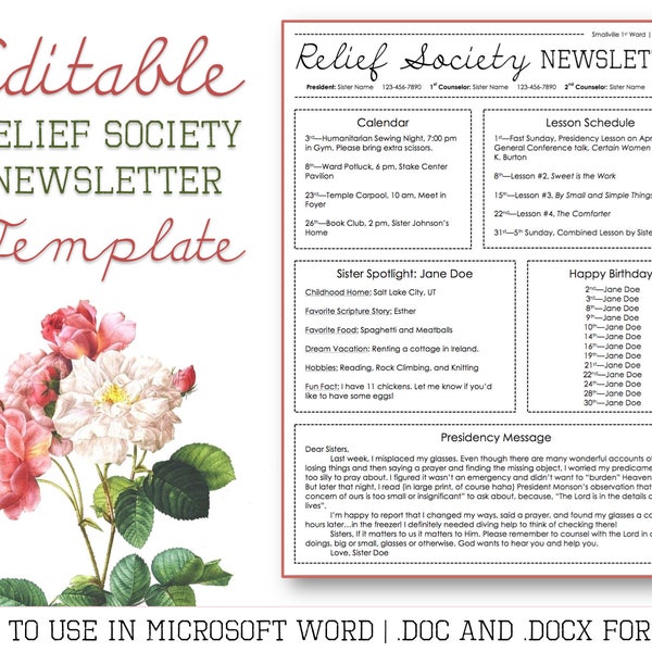Relief Society Newsletter Template for Microsoft Word - EDITABLE - LDS Download - Printable