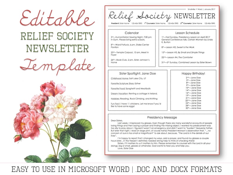 Relief Society Newsletter Template for Microsoft Word EDITABLE LDS Download Printable image 1