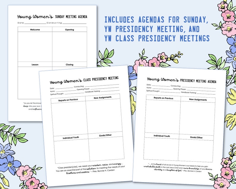 Editable Young Womens Agendas for Sunday and Presidency Meetings LDS YW
