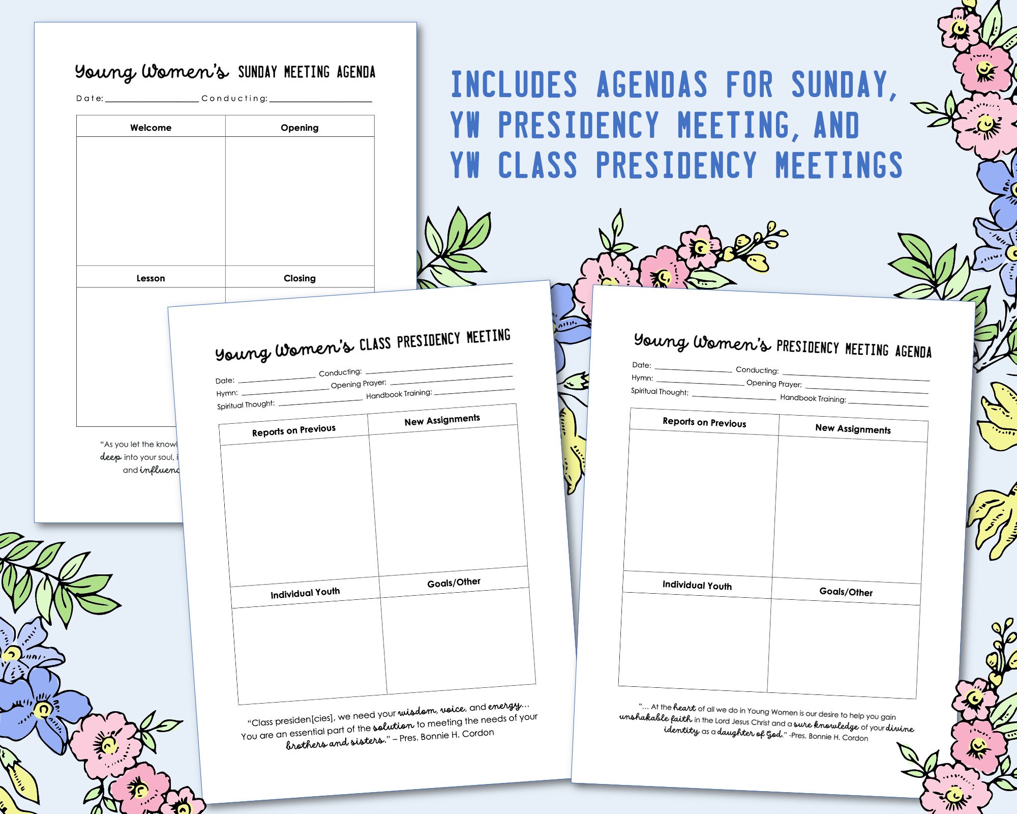Editable Young Womens Agendas for Sunday and Presidency Meetings LDS YW