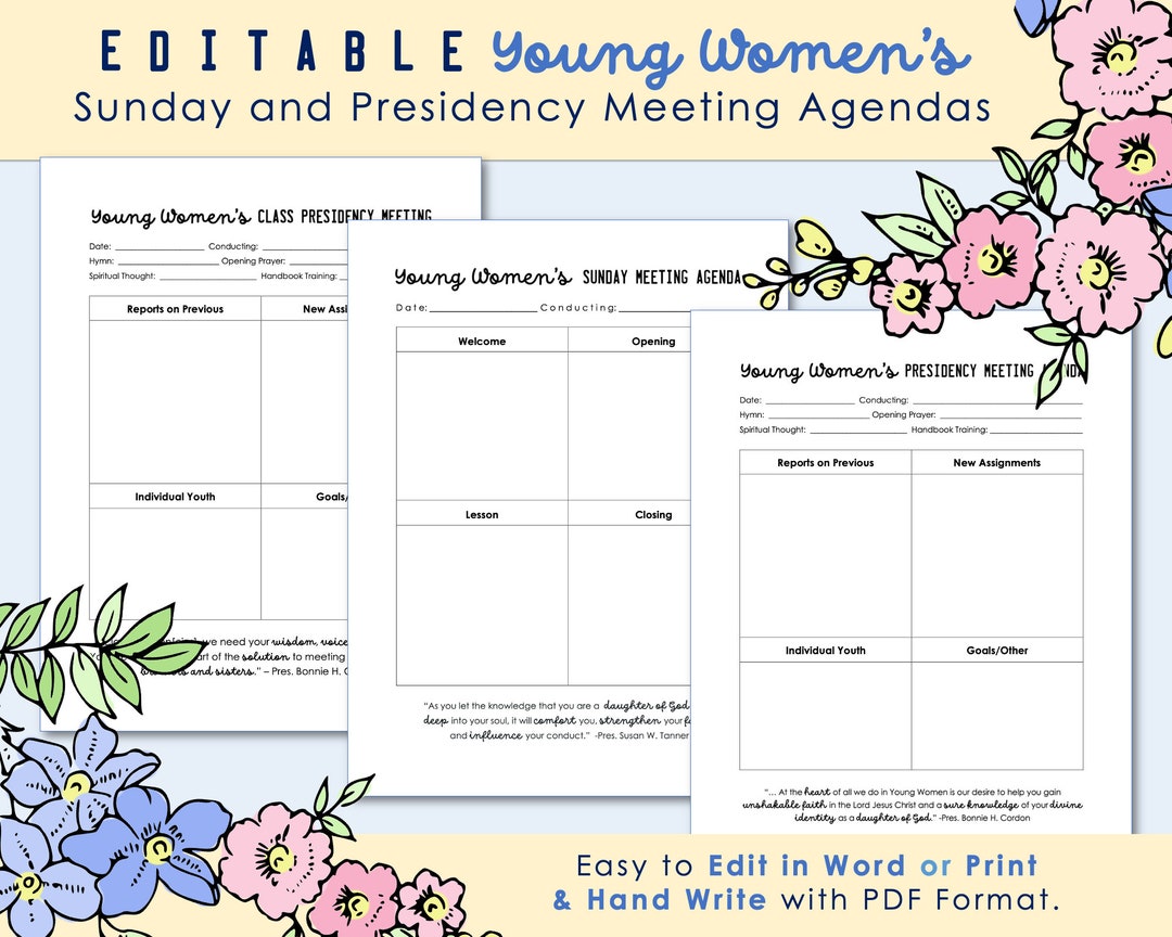 Editable Young Womens Agendas for Sunday and Presidency Meetings - LDS ...