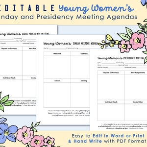 Editable Young Womens Agendas for Sunday and Presidency Meetings - LDS - YW