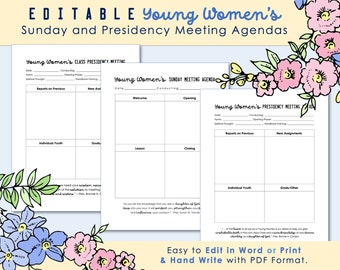 Editable Young Womens Agendas for Sunday and Presidency Meetings - LDS - YW