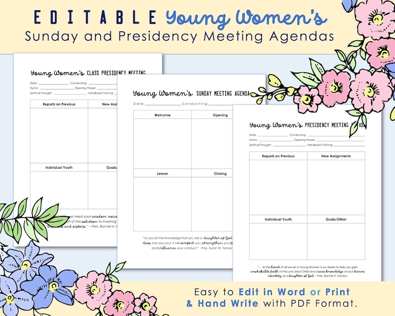 Editable Young Womens Agendas for Sunday and Presidency Meetings - LDS ...