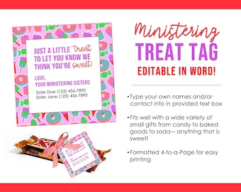 LDS Ministering Sisters Gift Treat Tag with Editable Contact Information