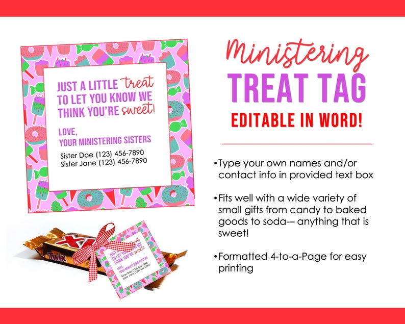 LDS Ministering Sisters Gift Treat Tag with Editable Contact Information image 1