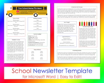 School Newsletter Editable Template for Microsoft Word - Instant Download - Printable - Class - PTA - PTO