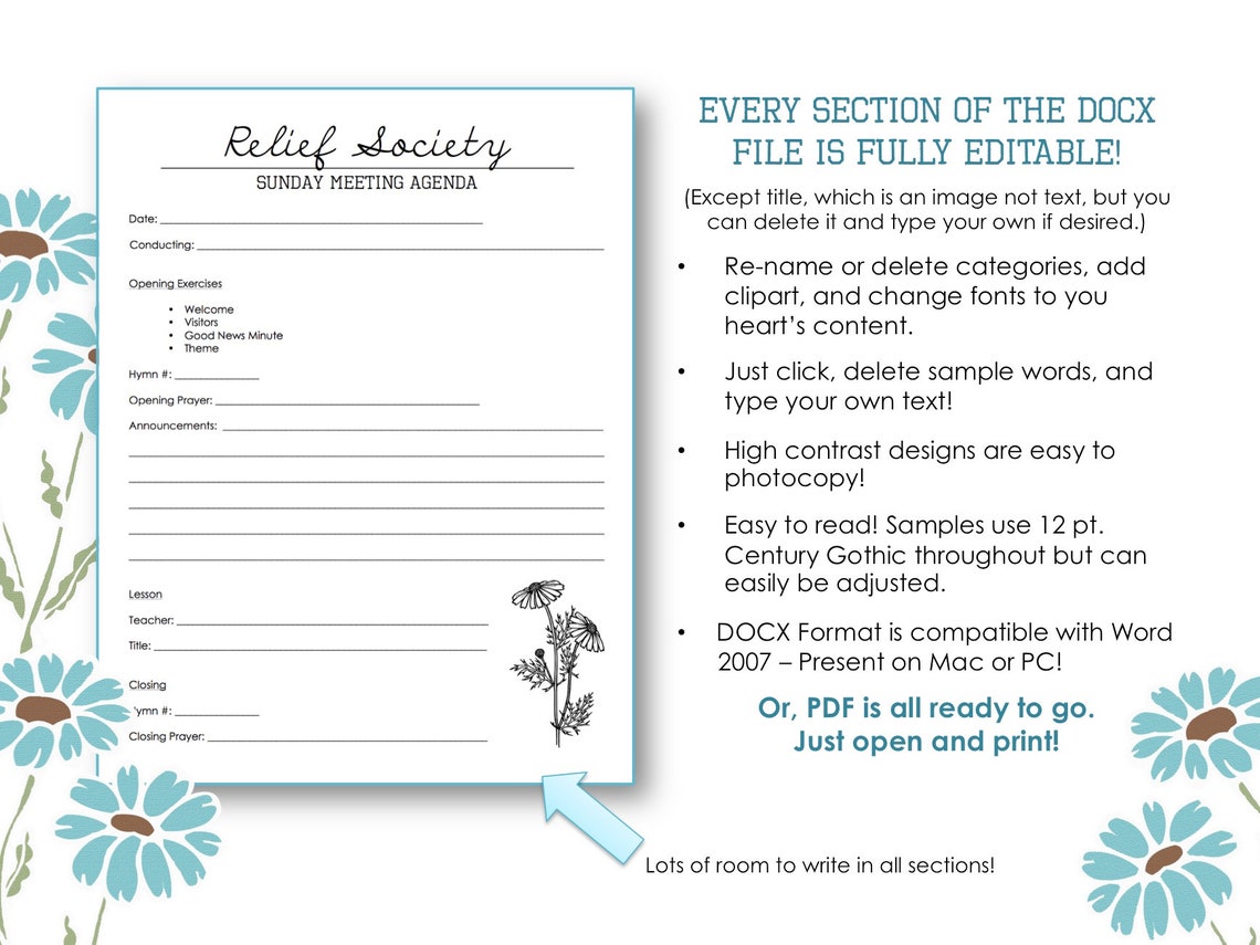 Relief Society Agendas for Sunday and Presidency Meetings - Etsy