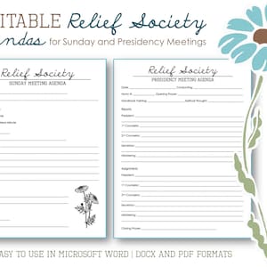 Relief Society Agendas for Sunday and Presidency Meetings - Editable Template