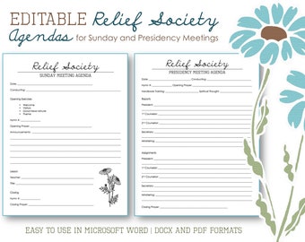 Relief Society Agendas for Sunday and Presidency Meetings - Editable Template