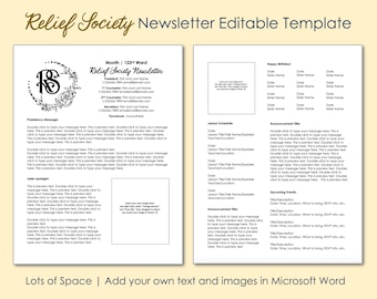 May include: A printable newsletter template for a Relief Society organization. The template includes sections for a presidency message, lesson schedule, announcements, and upcoming events. The template is designed to be edited in Microsoft Word.