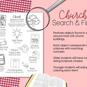 May include: Black and white illustration of a church search and find activity. The illustration features a variety of objects found in or around a church building, such as a door, a window, a light fixture, a comfy chair, a place to hang coats, a drinking fountain, a rock, and a fire extinguisher. Each object is labeled with a scripture reference.