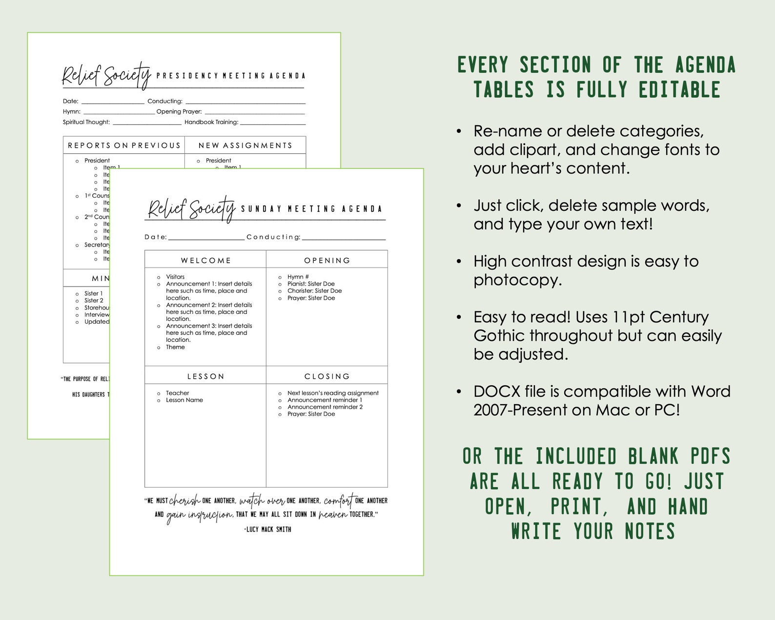 Editable Relief Society Agendas for Sunday and Presidency Etsy