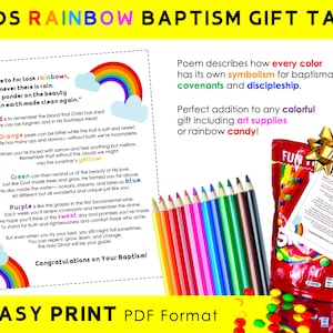 Etichetta regalo per battesimo LDS con poesia arcobaleno stampabile