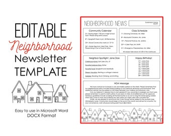 2 Page Newsletter Template for Microsoft Word - Neighborhood Subdivision HOA - EDITABLE - Instant Download - Printable