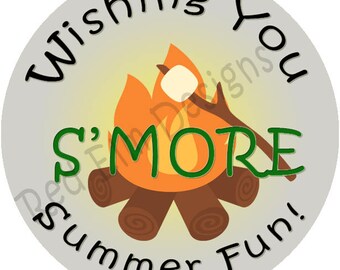 Camping Party Stickers - Sheet of 20 - 2" round. Wishing YOu S'MORE Summer Fun! 2 Inch Round Camping Fire Party Stickers