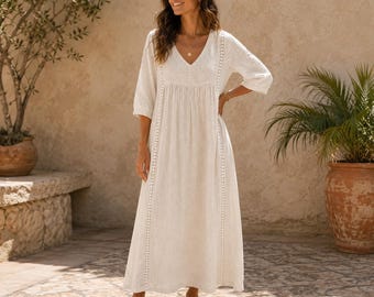 Boho Cotton Linen Maxi Dress, V Neck Summer Dress for Women, Loose Flowy Bohemian Dress, Casual Long Dress