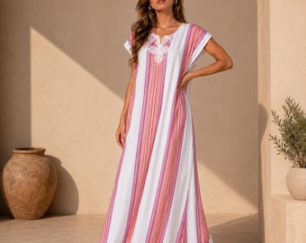 Vestido largo marroquí de lino y algodón para mujer, elegante caftán de verano, vestido ligero estilo boho para vacaciones, ropa de resort discreta.