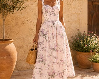 Floral Spaghetti Strap Midi Dress, Elegant Summer Vacation Dress for Women, Fishbone Waist Sundress, Boho Evening Dress