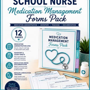 Może przedstawiać: Pakiet formularzy do zarządzania lekami The Organized School Nurse zawiera segregator z grafiką turkusowego stetoskopu, 12 stron dzienników podawania leków, inwentaryzacji, śledzenia, białą butelkę na leki oraz turkusowy długopis.