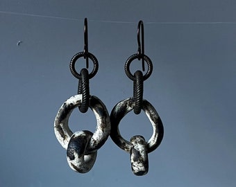 intertwined ceramic double hoops with rustic organic style and neutral hues by AnvilArtifacts