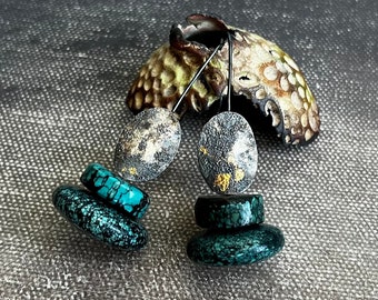 Turquoise earrings with sterling and fine silver with 24K gold by AnvilArtifacts, Keum boo, stacked stones, gold and silver, turquoise