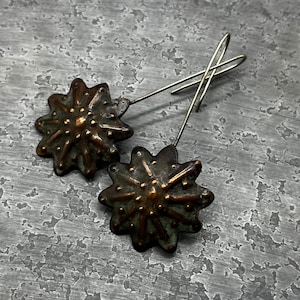 stamped mixed metal flower earrings by AnvilArtifacts, jewelry for gardeners, metal flowers earrings, copper jewelry, rustic earrings