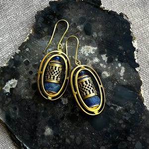 lapis lazuli ancient style earrings with brass frames and filigree with sodalite by AnvilArtifacts