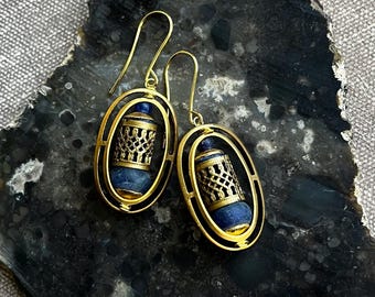 lapis lazuli and sodalite ancient style earrings with brass frames and filigree by AnvilArtifacts